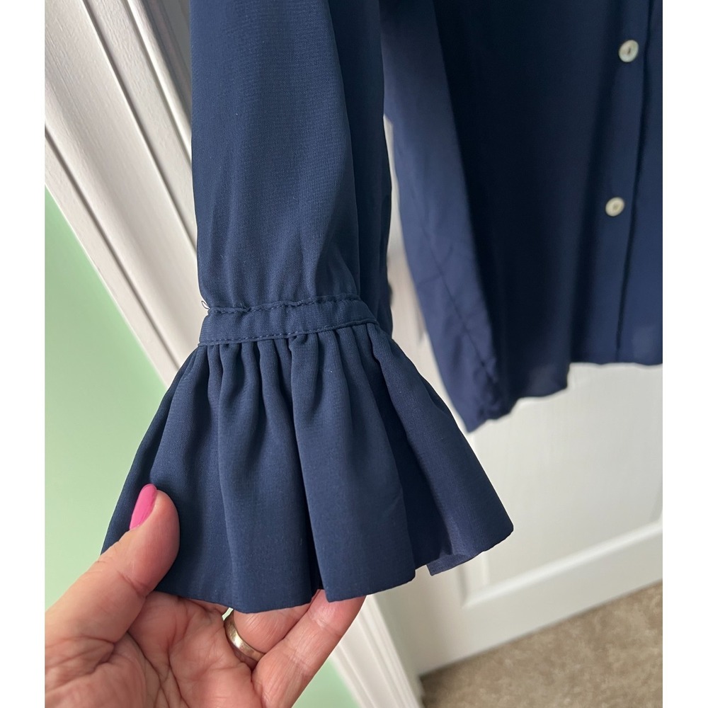 Gretchen Scott Womens Blouse Navy Blue Ruffle 3/4 Sleeve Button Up Size M - Picture 3 of 5